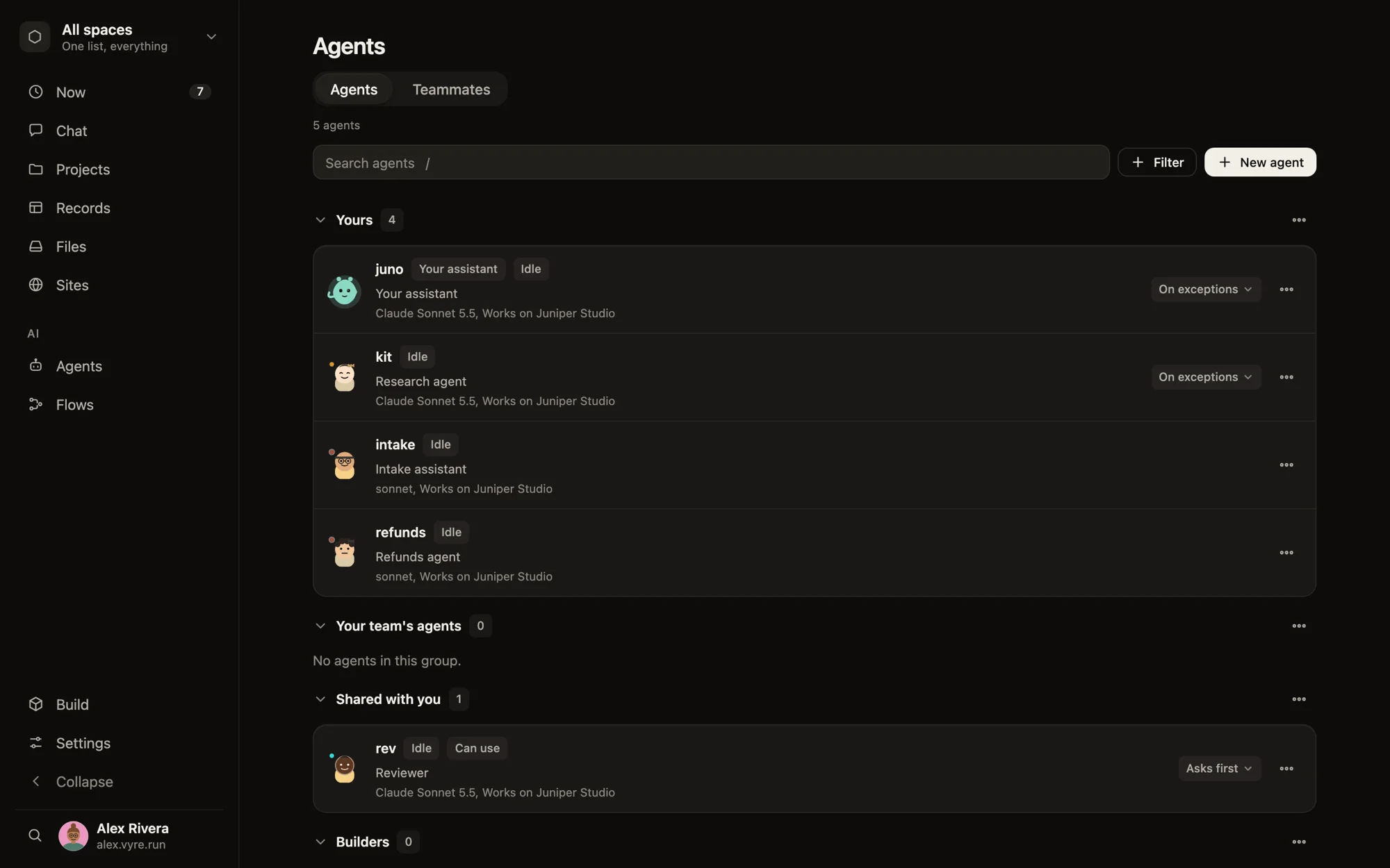 The Vyre Agents screen. Four agents called juno, kit, intake and refunds, each showing a role and a model, and one agent shared with the person as Can use. Sample data.
