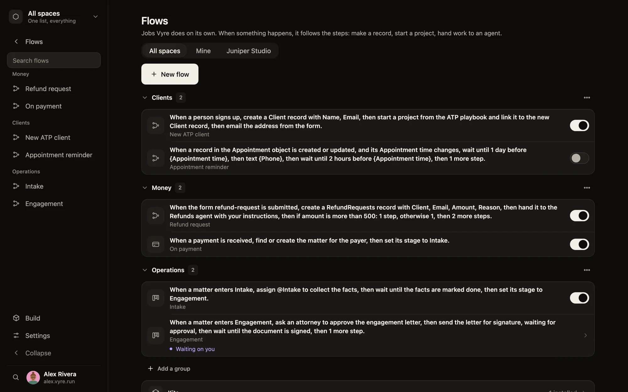 The Vyre Flows screen listing flows in groups called Clients, Money and Operations. Each flow reads as a plain sentence, such as when a matter enters Intake, assign the intake agent to collect the facts, then wait, then set the stage to Engagement. Sample data.