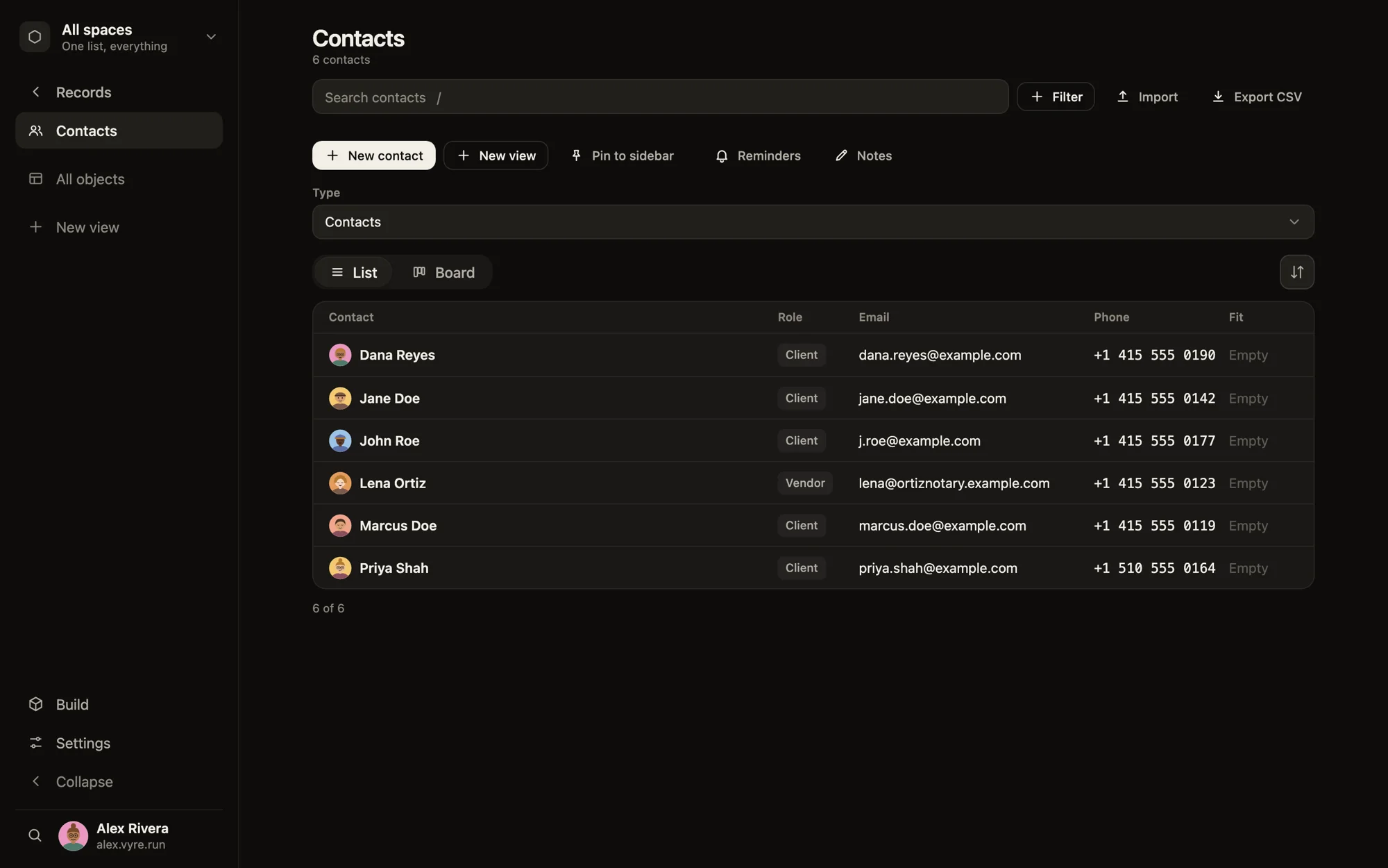 The Vyre Records screen listing six contacts with role, email and phone, a search box, a Filter button, Import, Export CSV, New view and a List and Board switch. Sample data.