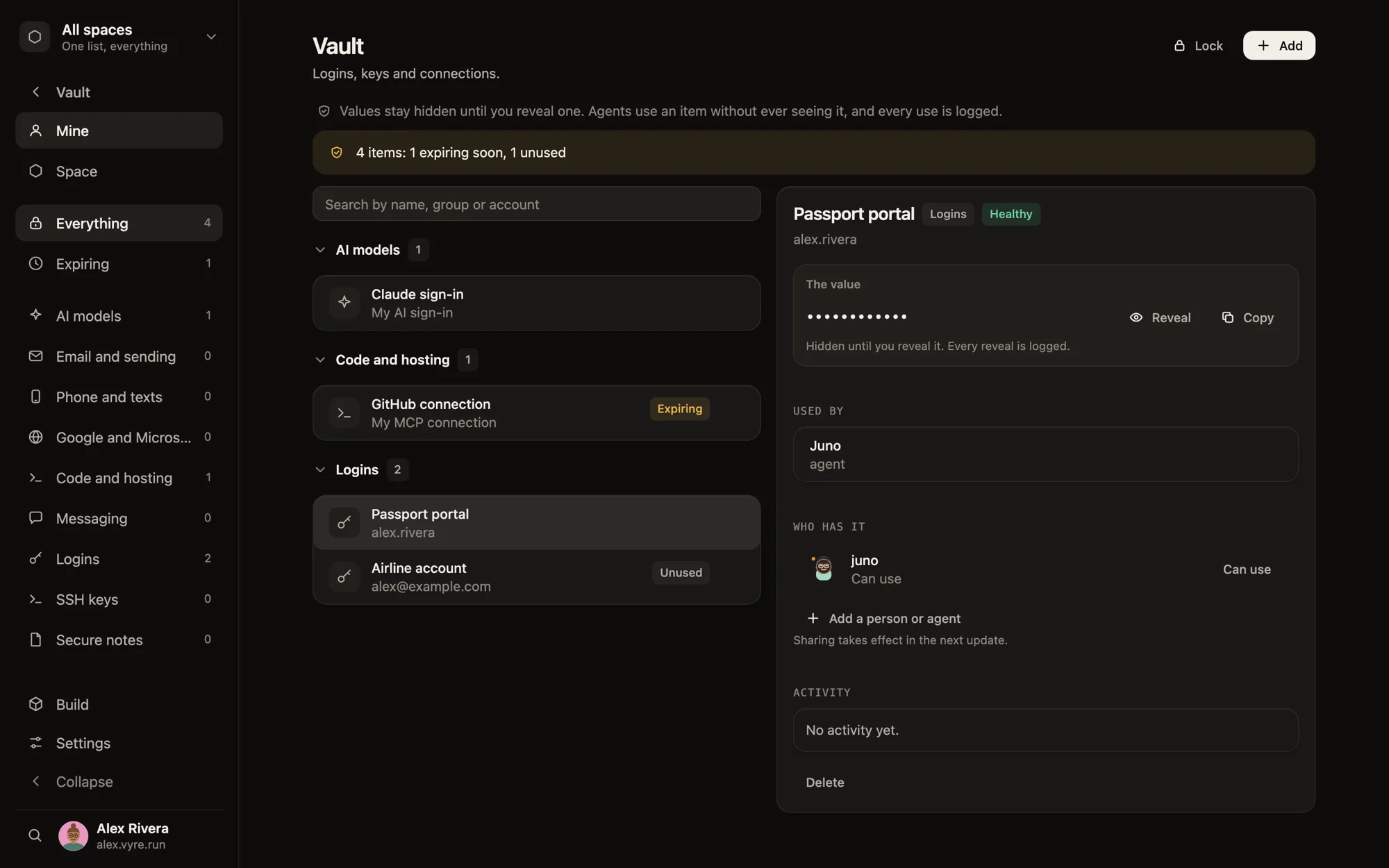 The Vyre Vault screen. A list of items grouped by AI models, Code and hosting and Logins, and an open item showing a hidden value, who uses it and who has it. Sample data.